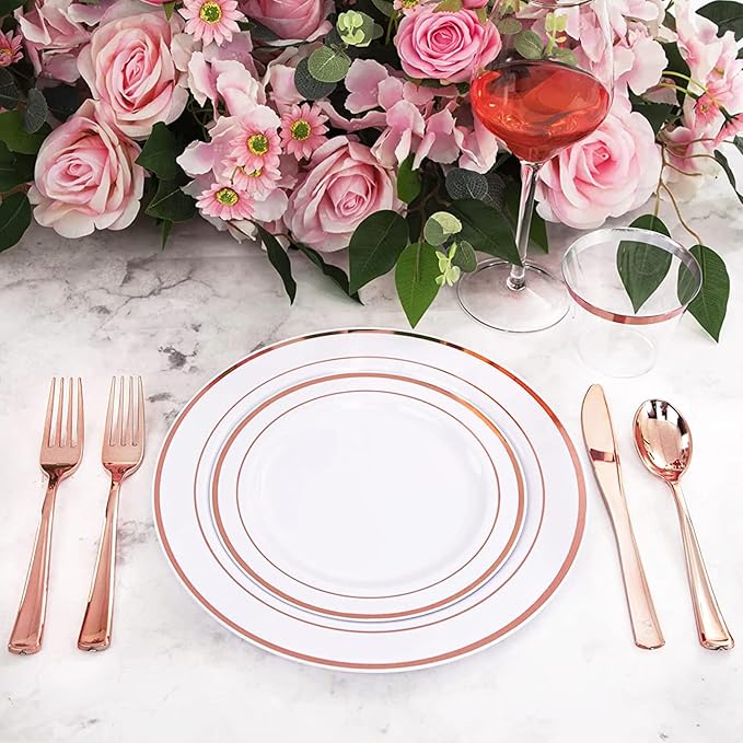 Sylans 700 Piece Dinnerware Set for Wedding & Party,100 Guest RimPlastic Plates,100 Plastic Silverware,100 Cups,100 Linen Like Napkins (Rose Glod) ypj