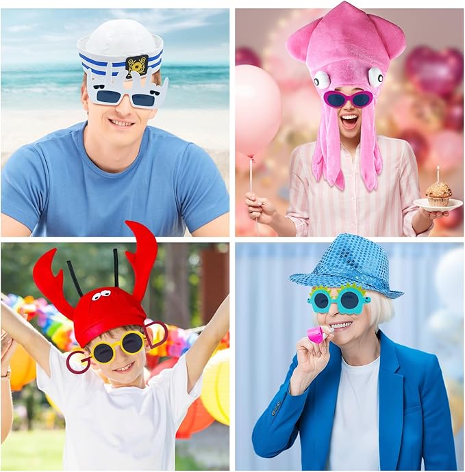 24 Funny Hats and Glasses For Photo Booth Props, 12 Assorted Crazy Party Hats, 12 Funny Party Sunglasses, Novelty Hat, Dress Up Costume Hat Accessories, Silly Hats & Novelty Glasses for Adults