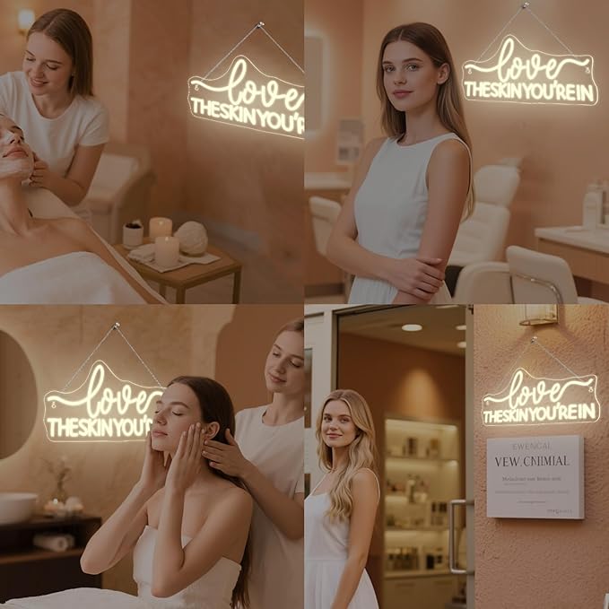 Love The skin You Rein Neon Sign Beauty Salon Neon Signs for Wall Decor Warm White Led Light for Beauty Studio Spa Room Skincare Room Girls Bedroom Party Salon Decoration
