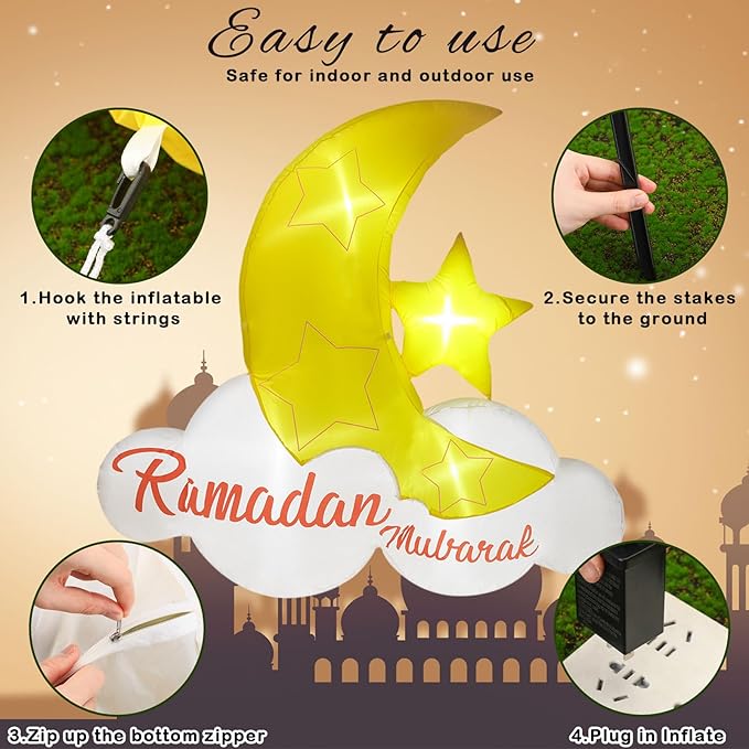 VIHOSE 5.5 ft Ramadan Mubarak Inflatable Holiday Outdoor Decorations and Holy Celebration Decor Blow Islamic Eid Decor Inflatable Muslim with LED Lights Celebrate Fasting Introspection and Prayer