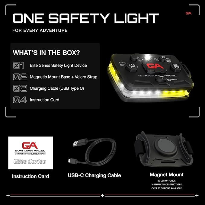 Guardian Angel Elite Series Safety Light - White/Yellow Front & White/Yellow Rear - Rechargeable, Magnetic, Hands-Free Wearable LED Light for Construction, Roadside, Utility & Industrial PPE