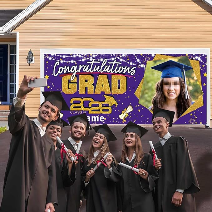Custom Garaduation Garage Door Banner Cover 16 x 7 ft Class of 2026 Congrats Grad Party Backdrop Personalized Graduation Decoration(Purple and Gold)