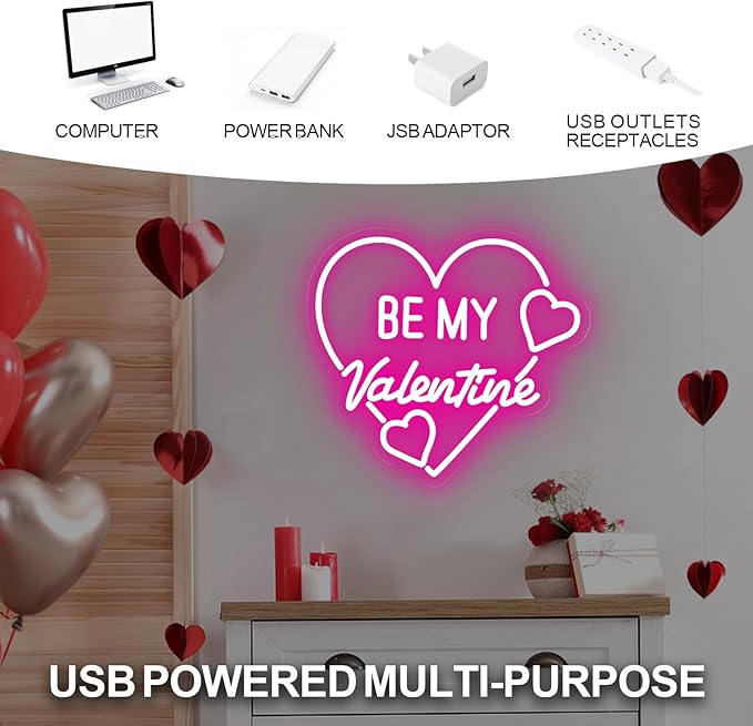 Be My Valentine Heart Neon Sign, Hot Pink Romantic Heart LED Light for Valentine's Day Gift, Bedroom, Living Room, Lover Decor, Anniversary, Couple Space Wall Art 13.8″ × 12.6″