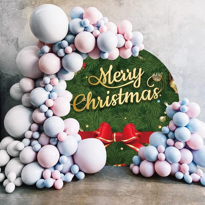 YongFoto Merry Christmas Round Backdrop Cover 5ft Green Christmas Tree Red Bowknot Circle Background Xmas Eve Happy New Year's Night Festival Carnival Family Celebration Party Banquet Decor Banner