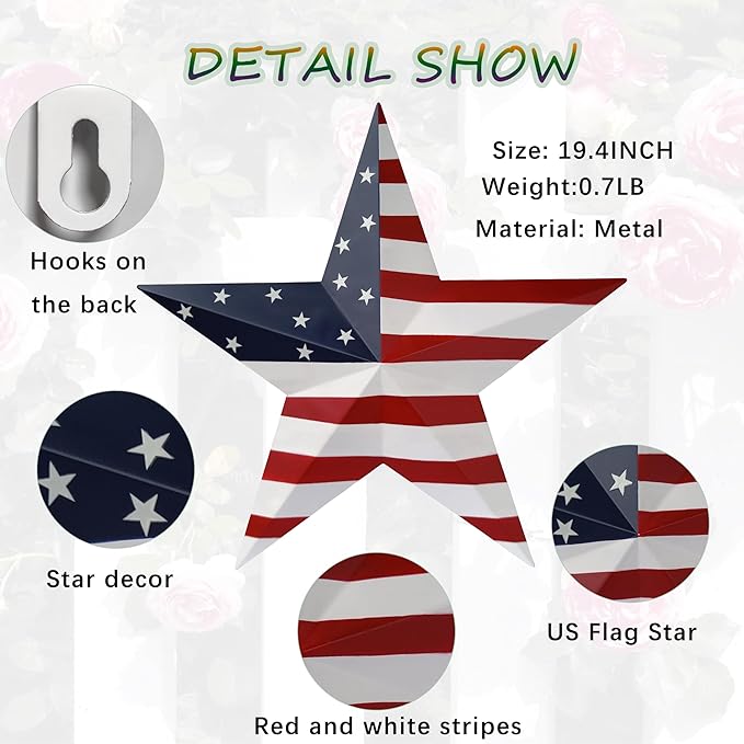 JoyEvy 19.4“ Patriotic Metal Barn Star Wall Decor, American Flag Stars for House Ornaments, Indoor Outdoor Wall Hanging Primitive Decor Star for 4th of July Decoration