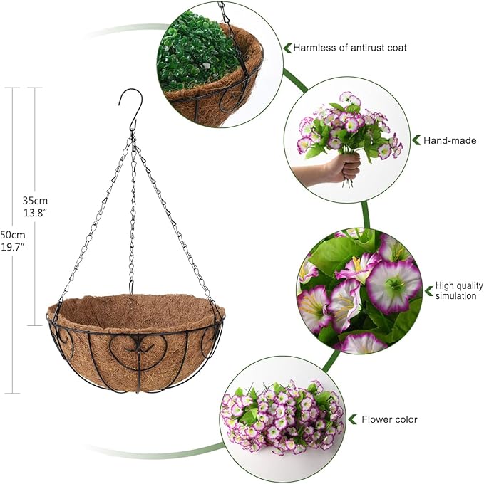 Homsunny Artificial Hanging Flowers in Basket,12 inch Silk Flower Coconut Lining Hanging Baskets,Fake Hanging Plants in for Outdoors Indoors Courtyard Decor(Light Purple)