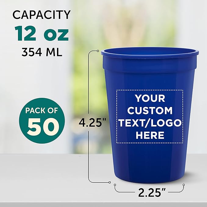 Custom Disposable Plastic Cups 12 oz. Set of 50, Personalized Bulk Pack - Perfect for Summer, Sporting Events, Birthdays, Weddings, Picnic, Beach, Parties - Reflex Blue