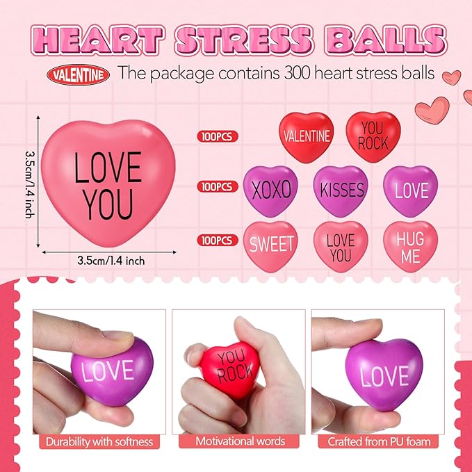 300 Pieces Valentine Day Heart Stress Balls 1.5 Inch Mini Stress Relief Balls Small Heart Shape Ball Kids Adults Wedding School Carnival Gift(Valentines)