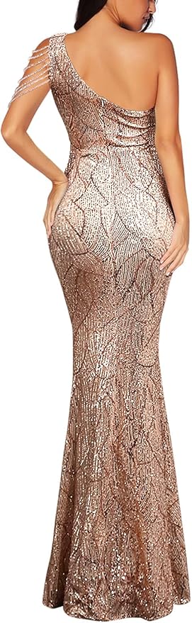 Women One Shoulder 1920s Plus Size Formal Dress Tassels Sleeve Sequins Gatsby Maxi Evening Gown