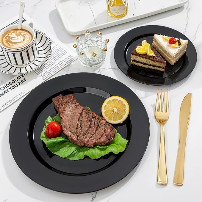 FLOWERCAT 200PCS Black Plastic Disposable Plates for Party - Black Plastic Plates - Serve for 100 Guests for New Year Parties and Birthday Events