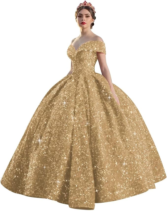 Quinceanera Dress Long Ball Gown Sparkly Sequin Off Shoulder V Neck Prom Dresses