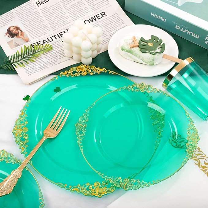 Hioasis 350pcs Green and Gold Plastic Plates - Green Party Plates for 50 Guest, Include 100 Heavy-duty Plates(20% Thicker Than Standard), 150 Cutlery Set, 50 Napkin, 50 Cups