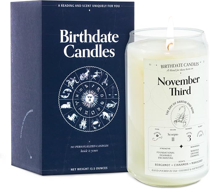 Birthdate Candles, November 3 - Scorpio Zodiac Scented Candles Birthday Gift - Bergamot, Cinnamon & Mahogany Scent - All-Natural Soy & Coconut Wax, 60-80 Hour Burn Time - Made in USA