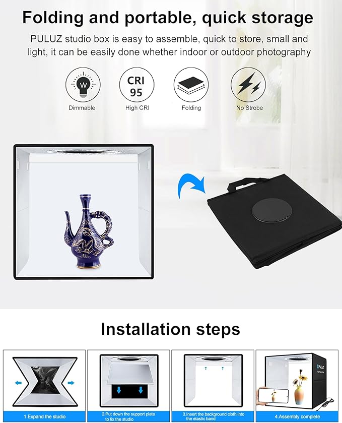 PULUZ Foldable Photo Studio Light Box 30x30x30cm Portable Mini Shooting Tent Kit with LED Ring Light, CRI97, 6 Color Backdrops & Dimmable Lighting for Jewelry, Product Photography, Online Sellers