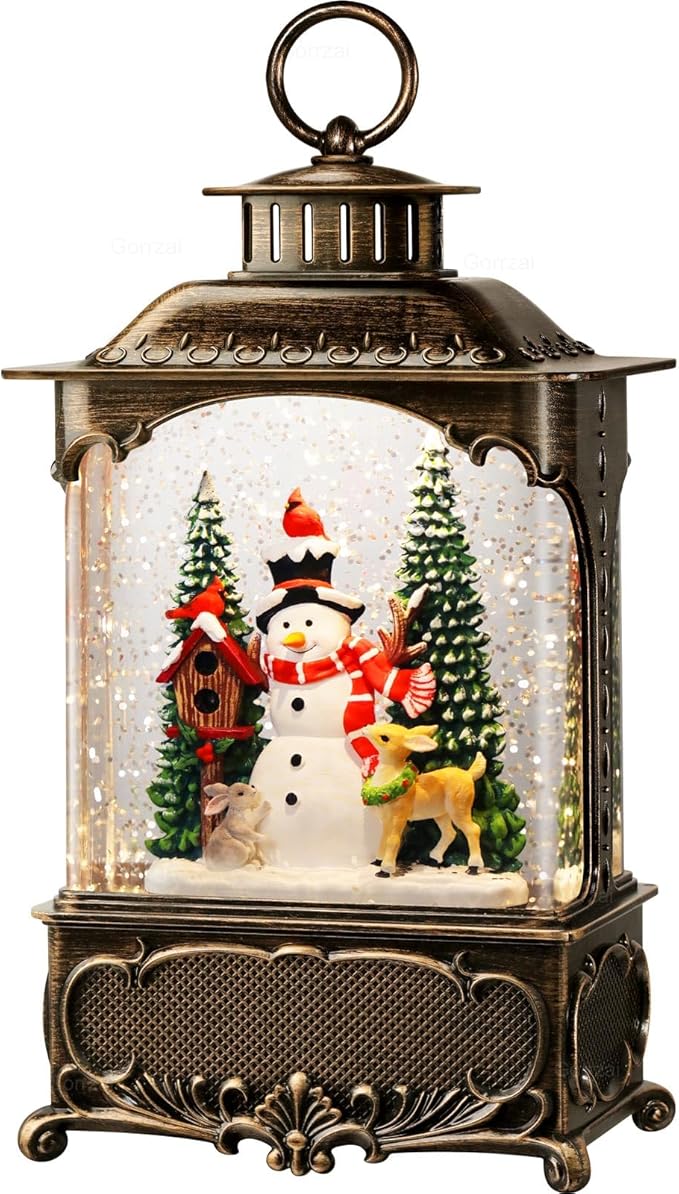 Christmas Snow Globes Snowman Snow Globe Lantern, Lighted Christmas Decorations Indoor with Music Timer Swirling Glitter, Light Up Deer Cardinal Rabbit Musical Decor, USB or Battery Operated