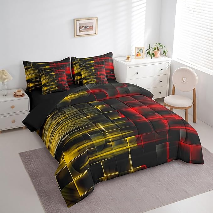 Feelyou Red and Yellow Comforter Set with Sheets 7 Piece King Size Kids Geometric Bed in a Bag Strip Lines Bedding Set Abstract Art Bed Set with Comforter, Sheets,Pillowcases,Cushion Covers