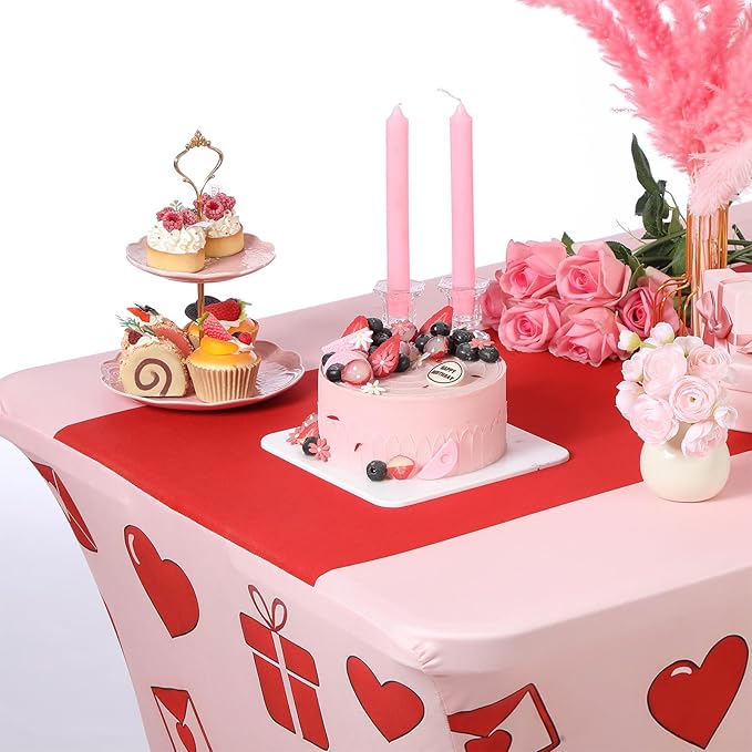 Oudain 2 Pcs Valentine's Day Stretch Table Cover 6 Feet Red Heart Valentine's Day Spandex Table Clothes Sport Theme Party Decorations for Holiday Party Celebration Picnic Dinner Decor