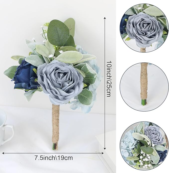 Artificial Bridesmaid Bouquets - Set of 2 Silk Rose Flowers Bouquet Wedding Rustic Small Floral Centerpieces for Marriage Proposal Party Anniversary Dining Table Decorations - Blue,7 Inch