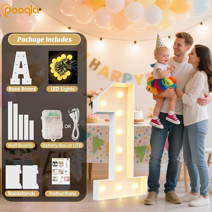Pooqla 4 FT Light Up Marquee Numbers, LED Large Lighted Marquee Numbers, Giant Mosaic Light Up Number for Balloons 5th 15th 50th Birthday Party Decoration, Cool White and Warm White LED 5