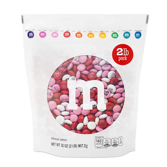 M&M’S Valentine's Day Chocolate Gift Bag, 2lb Red Pink White M&M'S with Messages, Bulk Valentine's Candy for Galentine’s Gifts, Party Favors, Candy Buffets, Classroom Treats, and Office Celebrations