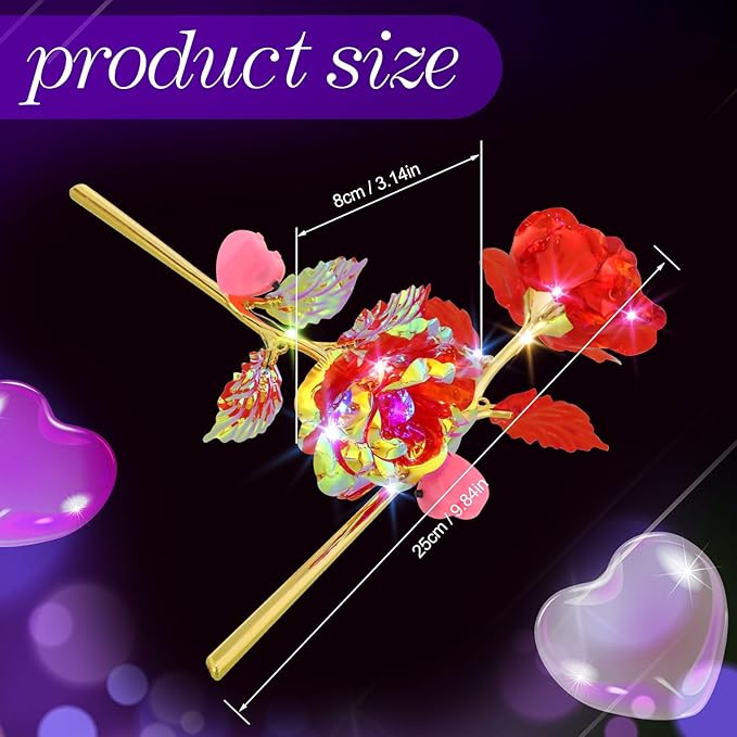 Lyrow 24 Pcs Valentines Galaxy Rose LED Light up Rose Flower Gifts Crystal Artificial Rainbow Flower for Valentine Lover Girlfriend Mom Her Mother's Day Birthday Wedding Gift, 9.84 Inches (Red)