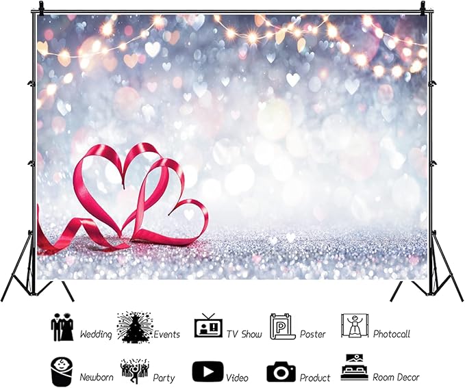 Laeacco 10x8ft Valentine's Day Backdrops Glitter Lights Red Ribbons Love Heart Bokeh Photography Background Wedding Anniversary Bridal Shower Party Decoration Supplies Banner Studio Photo Props