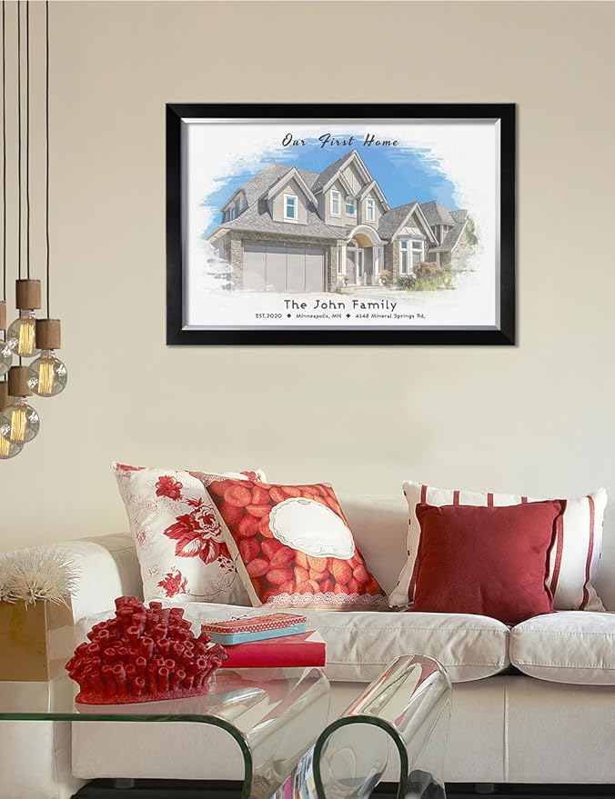 IPIC - Custom Watercolor House Portrait.Personalized Artwork with Names and Date on, Customized Gift for Anniversary,Wedding,Birthday and Holidays. Picture size: 30x20, Framed Size: 33x23
