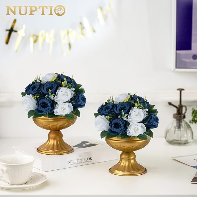 NUPTIO Artificial Flower Centrepieces for Tables - 10 Pcs Navy Blue & White Fake Flowers Roses Balls 9.5in Diameter - Silk Faux Rose Arrangement for Wedding Party Centerpiece Table Decorations