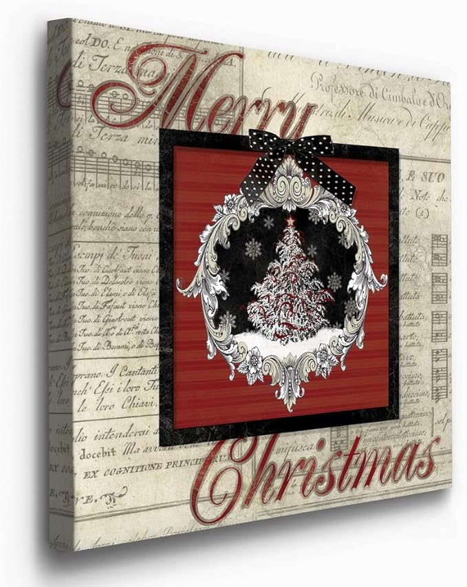 Renditions Gallery Merry Christmas Tree Wall Art, Cute Winter Decor, Antique Sheet Music Paper Design, Snowflakes, Premium Gallery Wrapped Canvas, Ready to Hang, 24 in H x 24 in W, Made in America
