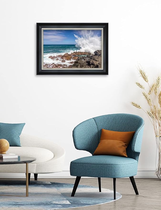 IPIC - Waves Crashing at Queen's Bath Personalized Framed Wall Art with Names and Date on, Giclee Prints with Solid Wood Frame, Customized Gift and Memorial Gifts for Wedding Anniversary.