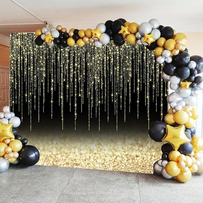 Black Gold Glitter Backdrop 10x8ft Christmas Birthday New Year Housewarming Retirement Party Graduation Background for Photography Theme Party Banner Studio Photo Booth Props