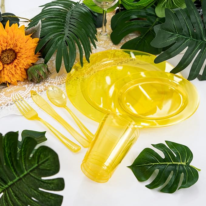 WDF 25 Guest Yellow Plastic Plates -50 Neon Clear Yellow Plates 25Forks, 25Knives,25 Spoons,25Cups for Summer
