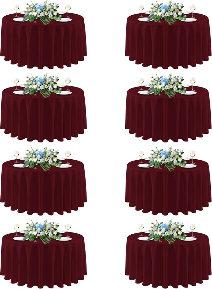 sancua Round Tablecloth 108 Inch Diameter, 8 Pack Burgundy - Circle Polyester Fabric Table Cloth for Chiristmas Party Reception Banquet Birthday, Washable Formal Table Cover (Fit 42-96 Inch Tables)