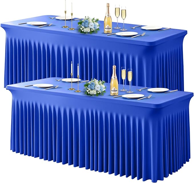 Wish Care 2 Pack Royal Blue Spandex Table Clothes for 6 Foot Rectangle Tables, 6FT Wrinkle Free Fitted Tablecloths Ruffles Design Table Cloth for Party, Banquet, Wedding and Events