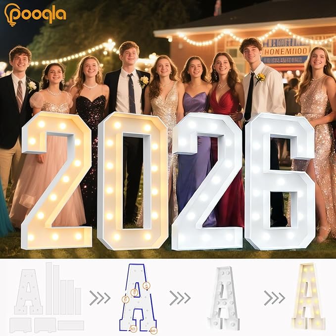 Pooqla 4 FT Light Up Marquee Numbers, LED Large Lighted Marquee Numbers, Giant Mosaic Light Up Number for Balloons 5th 15th 50th Birthday Party Decoration, Cool White and Warm White LED 5