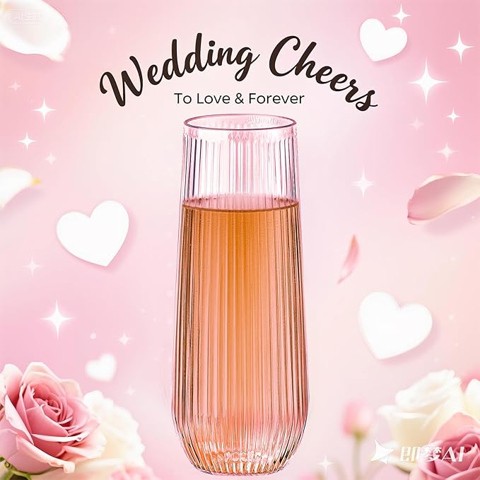 48 Pack Plastic Ribbed Champagne Flutes, 9 Oz Stemless Disposable Pink Clear Plastic Toasting Glasses Shatterproof Recyclable and BPA-Free Perfect For Wedding