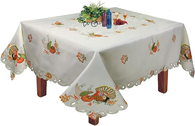 Creative Linens Fall Harvest Thanksgiving Tablecloth, Embroidered Turkey Pumpkin Maple Leaf Table Linen for Holiday Decoration, 70x90” Rectangular with 8 Napkins Ivory