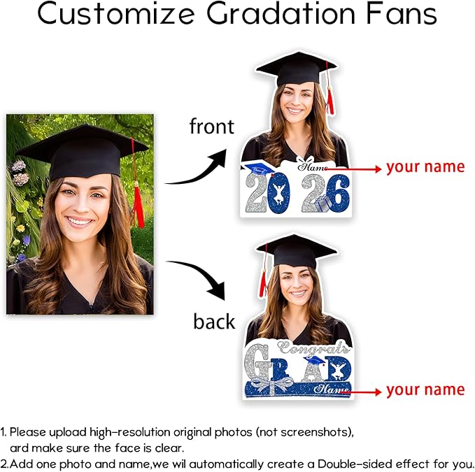 Personalized Graduation Face Fan 2026 Grade Custom Double Sided Face Cutout Fan with Handle Photo Booth Prop Party Supplies(B-Blue and Silver,12pcs)