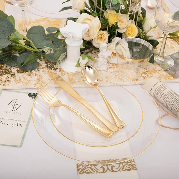 Nervure 100 Pieces Clear and Gold Plastic Plates - 10.25inch Gold Dinner Plate - Heavyweight Clear Disposable Plates Ideal for Party & Wedding