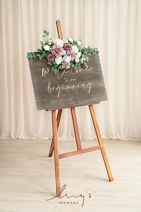 Ling's moment 2pcs Wedding Artificial Floral Swag Welcome Sign Flowers Backdrop Garland Dusty Rose Pink Cream for Ceremony Reception Door Wall Home Decorations Entryway Outdoor Board Table Decor