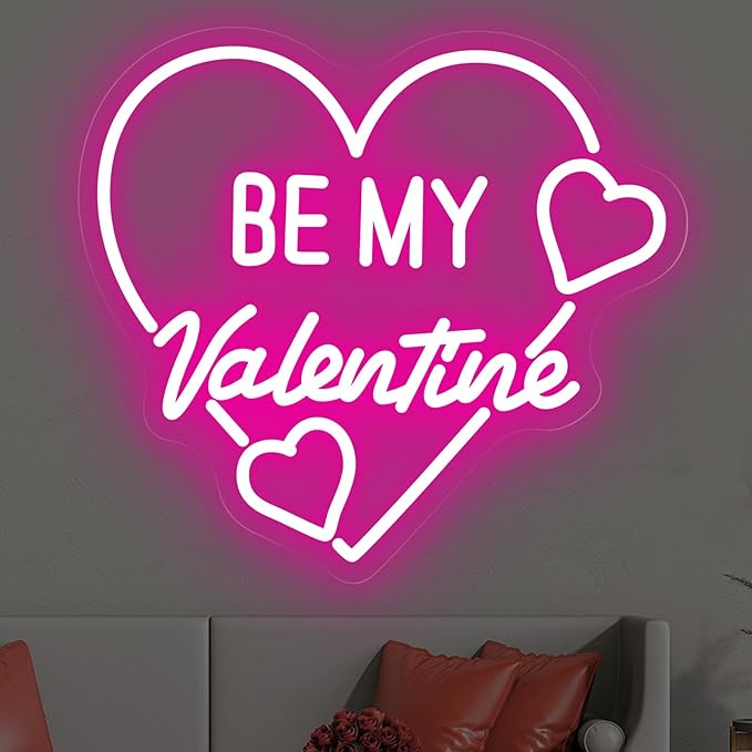 Be My Valentine Heart Neon Sign, Hot Pink Romantic Heart LED Light for Valentine's Day Gift, Bedroom, Living Room, Lover Decor, Anniversary, Couple Space Wall Art 13.8″ × 12.6″