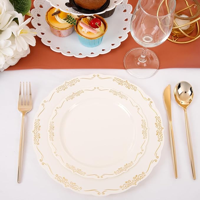 U-QE 100 PCS Ivory Plastic Plates with Gold Rim - Gold Plastic Plates for Party - Heavy Duty Plastic Plates Disposable Use Including 50 Dinner Plates 10 '' & 50 Dessert Plates 7.5 ''