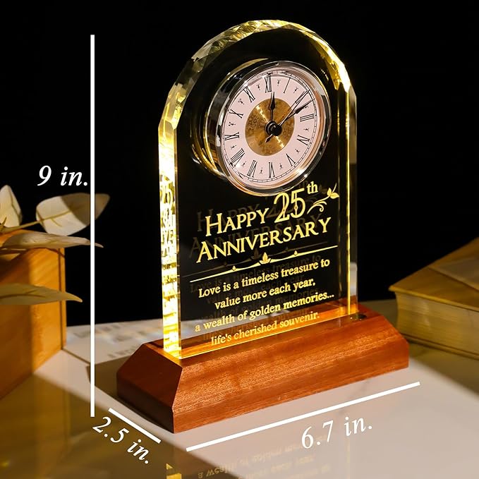 YWHL 25th Wedding Anniversary Clock Gifts for Couple, 25 Years Anniversary Keepsake Gift for Wife Husband, Table Clock Glass Presents with Wooden Light Base for Home Decoration (Battery not Included)