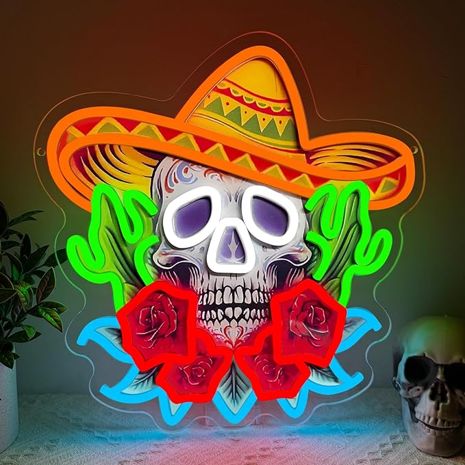 Day of the Dead Neon Sign, Mexican Sugar Skull LED Neon Light Signs for Wall Decor Mexican Calavera Sign for Home Bar Restaurant Día de Muertos Party Decorations Dimmable USB Powered(13.2"*12.6")