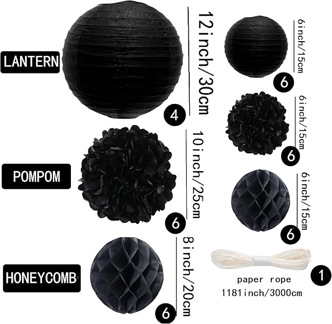 WOLHOWLTD Black Paper Decoration Set - 34 Pcs Paper Lanterns, Pompoms, Honeycomb for Wedding,Harvest, Halloween,School Day,Bridal Shower, Scary Birthday Party Classroom,Home Decoration (Black)