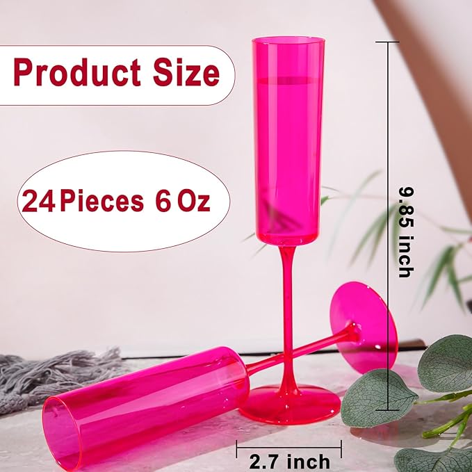 Ciaell 24 Pack Plastic Champagne Flutes - Hot Pink 6 Oz Disposable Champagne Glasses - Square Plastic Toasting Glasses for Party Birthday Anniversary Wedding & Valentine's Day