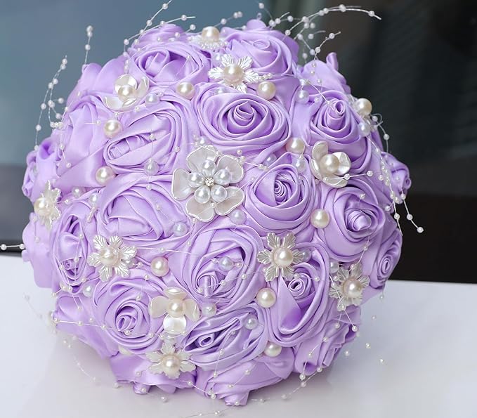 Handmade Wedding Bouquets for Bride Bridesmaid Brooch Artificial Holding Flower Tossing Bouquet(Light Purple,19cm,1PC)