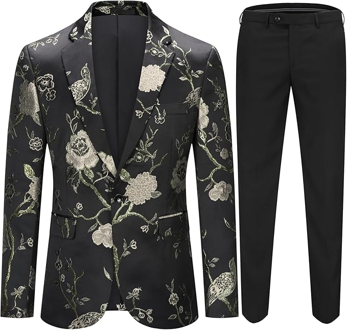 Cloudstyle Mens 2 Piece Floral Dress Suit One Button Dinner Tuxedo Jacket & Pants