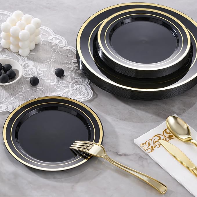 350 Pieces Black & Gold Disposable Plates for 50 Guests, Disposable Plastic Plates, Dinnerware Set of 50 Dinner Plates, 50 Salad Plates,50 Cups and 50 Paper Napkins, for Party, Wedding