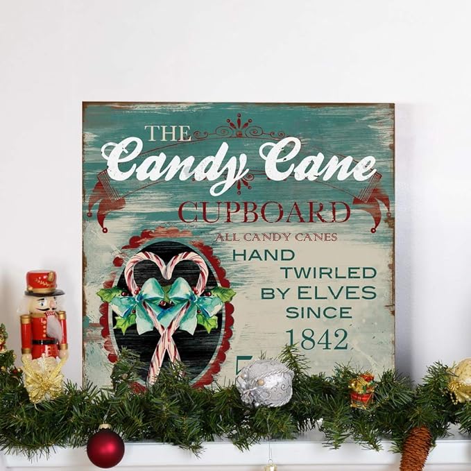 Renditions Gallery Candy Cane Cupboard Wall Art, Cute Christmas & Winter Decor, Vintage Faux Wood Look, Festive, Premium Gallery Wrapped Canvas, Ready to Hang, 16 in H x 16 in W, Made in America